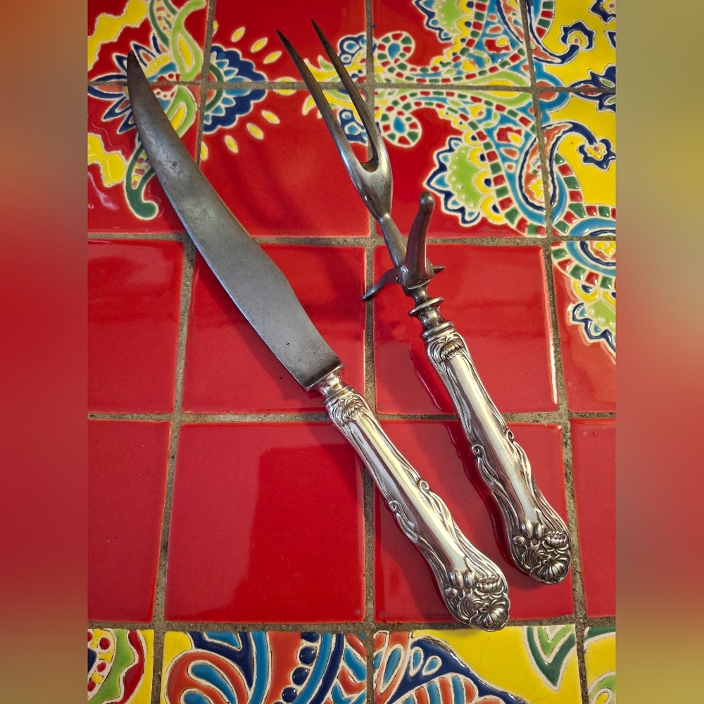 American Silverplate "NENUPHAR" 1905 Art Nouveau Carving Knife And Meat Fork Vnt